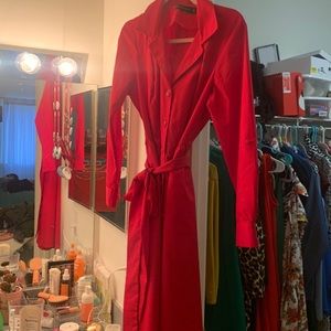 Very nice red midi shirt dress. You can make the sleeves long or short.